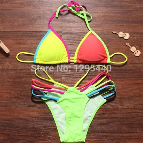 Online Shop 2015 Neon Bandage Bikini Bright Color Triangle Bikini Push Up Swimwear Hot Sexy