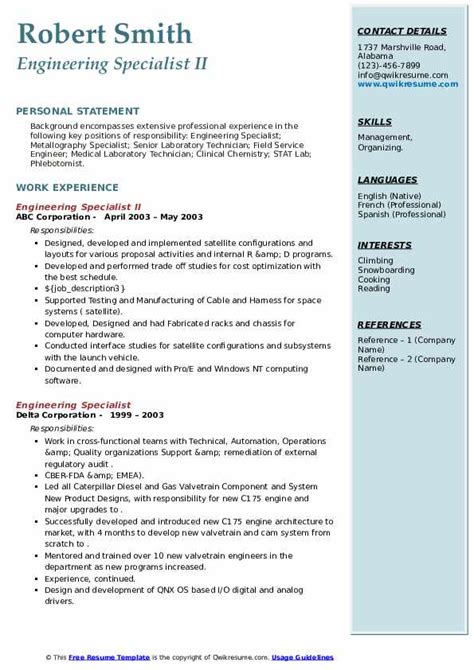 Geotechnical, is the branch of engineering that focuses on the rock formation, the roads, soil, pathways, highways, and the likes. Engineering Specialist Resume Samples | QwikResume