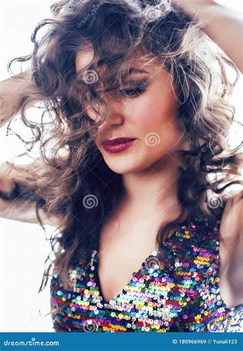 Young Pretty Woman With Curly Hair Party Fashion Style Posing Emotional On White Background