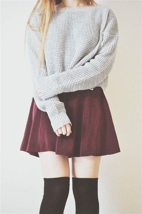 Maroon Skirt Grey Sweater Thigh High Socks Clothes Goals