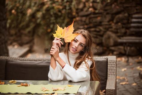 Beauty Woman Enjoy Autumn Leafs Falling And People Concept Warm Sunny