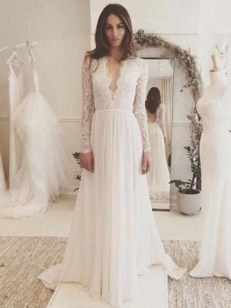 Simple Elegant A Line Wedding Dresses Long Sleeve V Neck Romantic