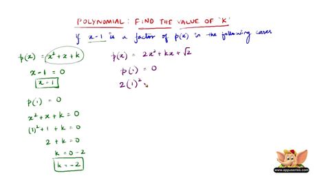 find the value of k if x 1 is a factor of p x in the given equations youtube
