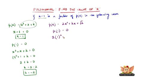 Find The Value Of K If X 1 Is A Factor Of P X In The Given Equations Youtube