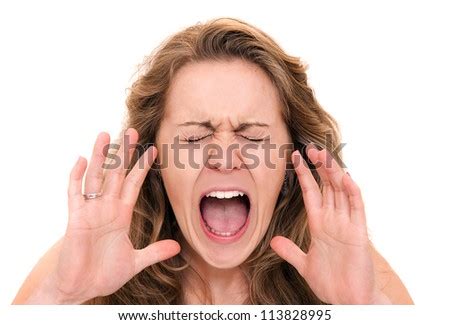 Screaming Woman Isolated On White Background Closeup Stock Photo