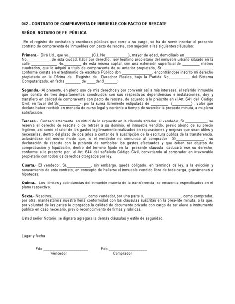 Contrato De Compraventa De Inmueble Con Pacto De Rescate Derecho