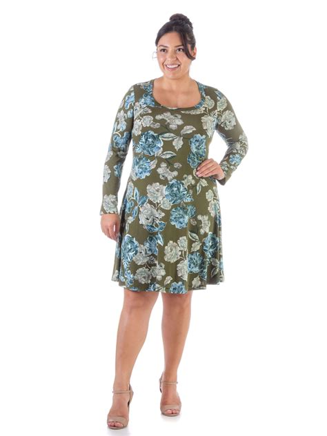 24seven Comfort Apparel Green Floral Plus Size Long Sleeve Knee Length