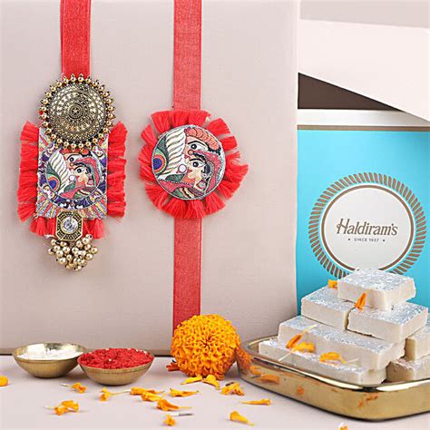 Buy Send Sneh Ethnic Madhubani Bhaiya Bhabi Rakhi With Kaju Katli