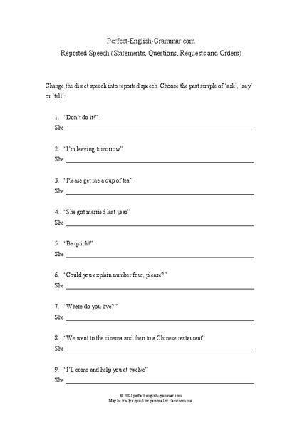 reported speech statements questions requests and orders worksheet for 6th 10th grade