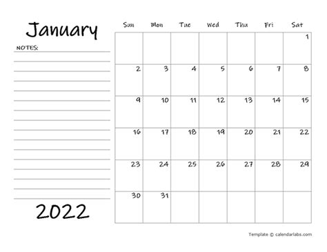 2022 Blank Calendar Template With Notes Free Printable Templates