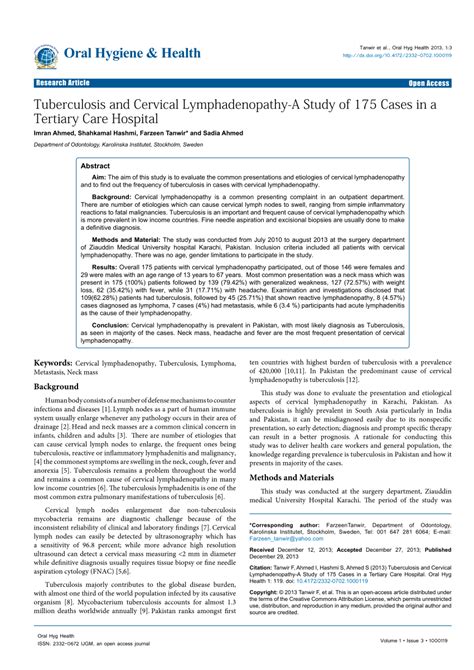 Pdf Tuberculosis And Cervical Lymphadenopathy A Study Of 175 Cases In