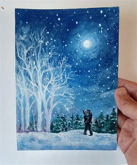Night Sky Painting Loving Couple Original Art Romantic Starry Etsy