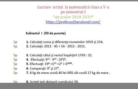 Model De Teză Clasa A 5 A La Matematică Pe Semestrul I An școlar 2018 2019 Jitaruionelblog