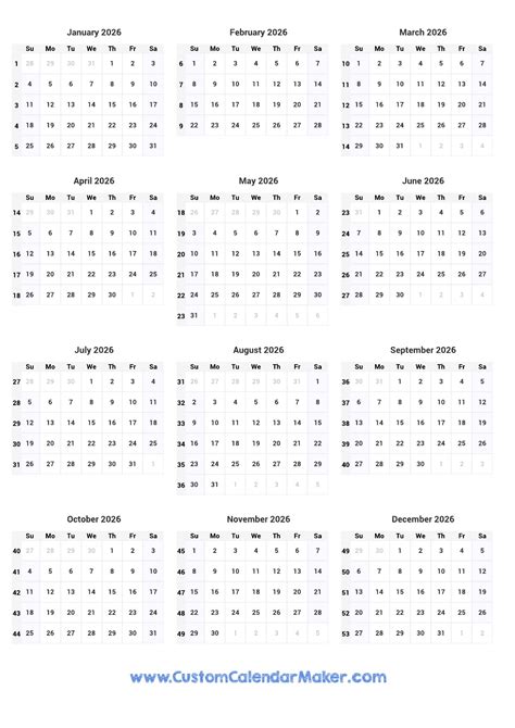 2026 One Page Yearly Calendar With Week Numbers