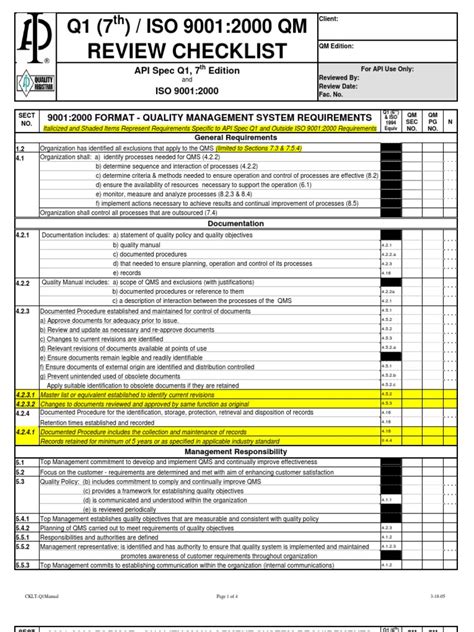 Api General Checklist Q1manual 03 18 05 Quality Management System