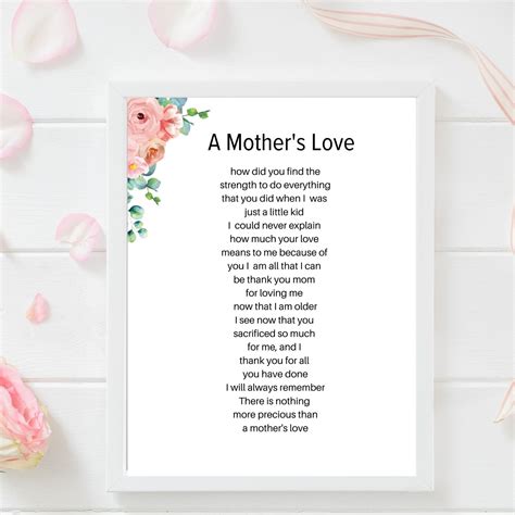 A Mothers Love Poem Printable Wall Art Mothers Day Etsy