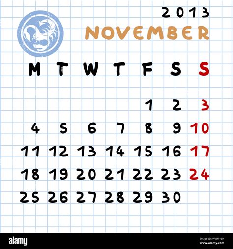 2013 Monthly Calendar November With Scorpio Zodiac Sign Stamp Stock