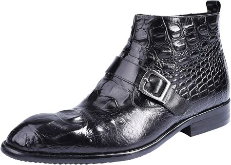 Mens Patent Leather Monk Boots Crocodile Print Bukle Strap Ankle Zip