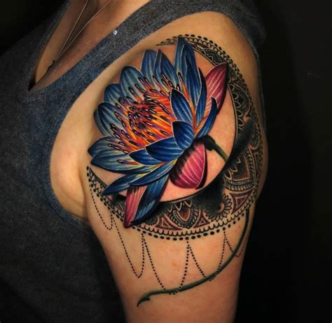 Vivid Lotus Flower And Moon Best Tattoo Design Ideas