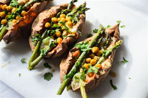 Sweet Potatoes Stuffed With Asparagus Chickpeas And Caramelised Onion