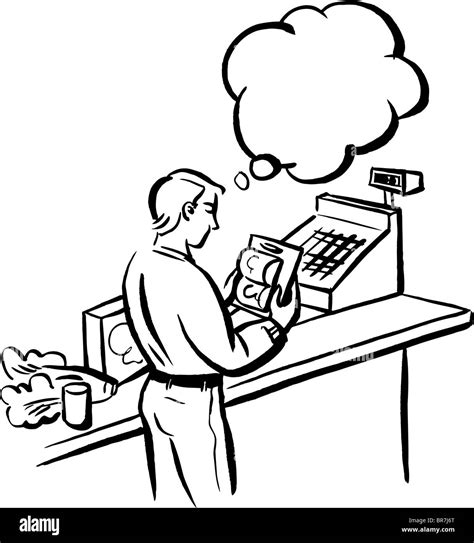 A Black And White Drawing Of A Man Making A Buying Decision At The