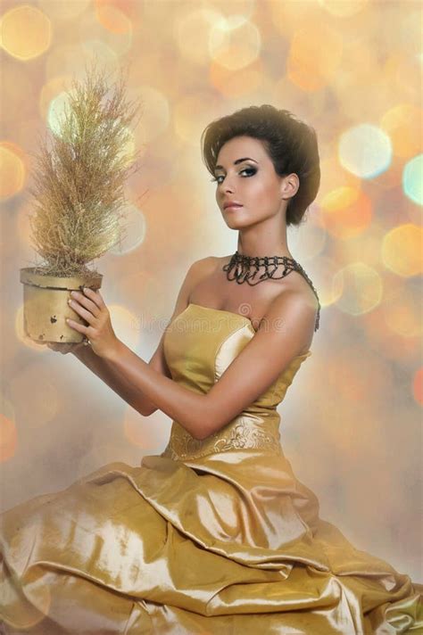 Beautiful Girl In Golden Dress Stock Photo Image Of Alluring Corset
