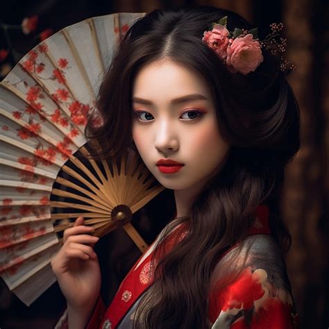 premium ai image a woman in a kimono with a fan and flowers on her head