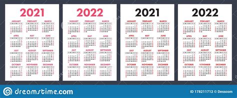 Calendário 2021 E 2022 Conjunto De Vetores De Cor Inglês Modelo De