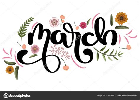 March Month Text Lettering Handwriting Flowers Leaves Stock Vector
