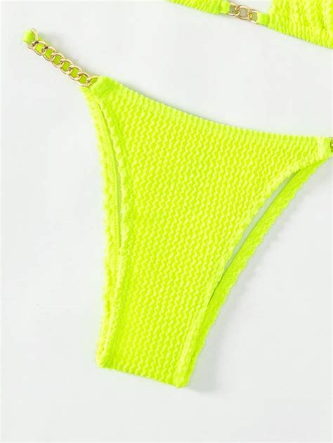 Shein Swim Vcay Textured Bikini Set Chain Linked Halter Micro Triangle