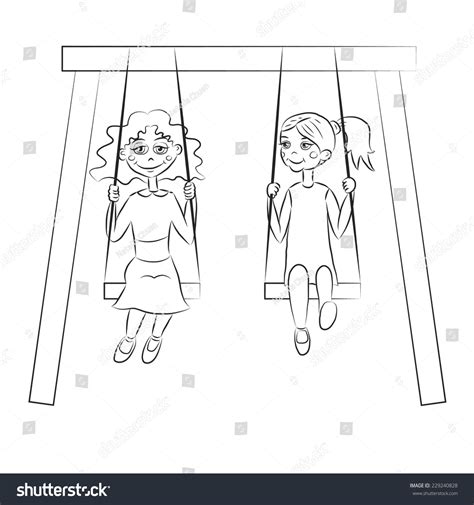 Black White Cartoon Girls On Swing Vector De Stock Libre De Regalías