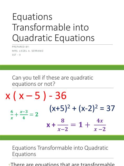 12 Equations Transformable Into Quadratic Equationspptx Equations