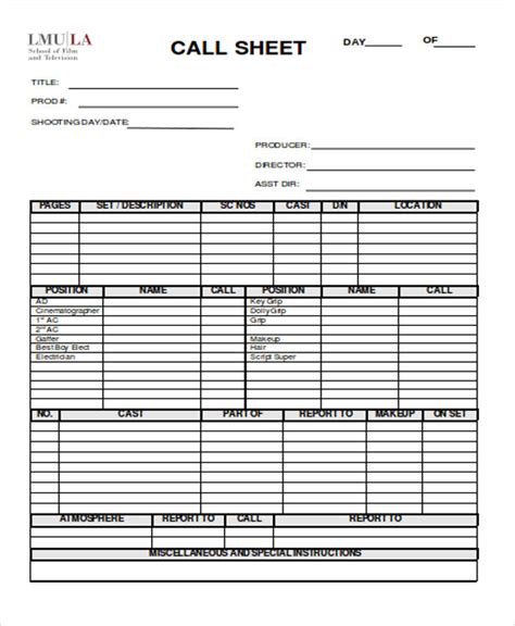 Blank Call Sheet Template 4 Professional Templates Professional