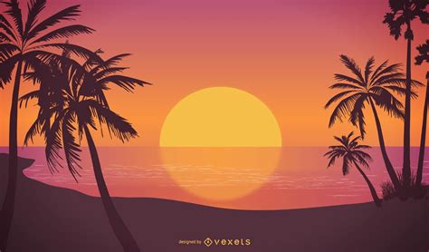 Beach Sunset Vector Illustration Of Tropical Island Beach Stock My