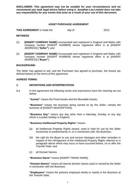 asset purchase agreement contract forms   ms word