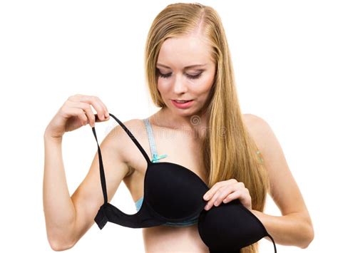 Woman Trying On Black Bra Stock Image Image Of Woman 202983125
