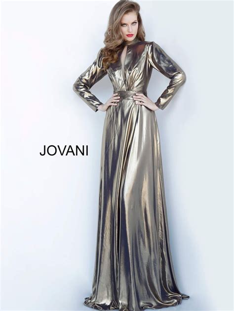 Jovani 3744 Gold Metallic Long Sleeve Evening Dress High Neck Plunging