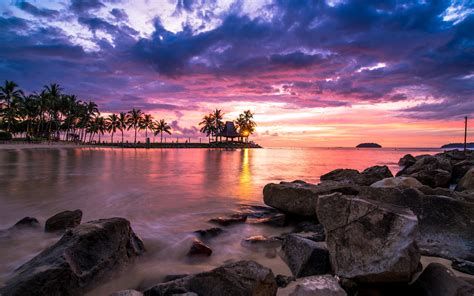 landscape palm trees tropical nature malaysia rocks clouds sky sea sunset beach hd