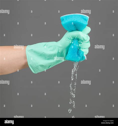 Human Hand With Rubber Glove Squeezing Water From Sponge On Grey