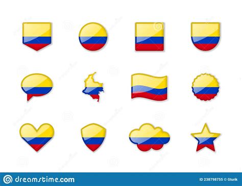 Colombia Set Of Shiny Flags Of Different Shapes Stock Vector