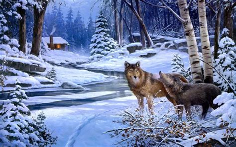 Wolves Wolf Art Paintings Landscapes Winter Snow Rivers Cabin Houses
