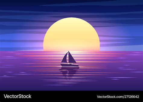 Sunset Sea And Boat Royalty Free Vector Image Vectorstock