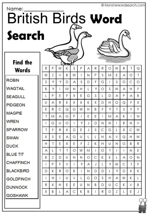 British Birds Word Search Monster Word Search
