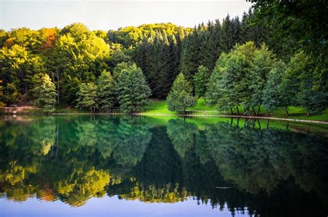 Beautiful Turquoise Lake Surrounded By Green Forest And Mountains Stock