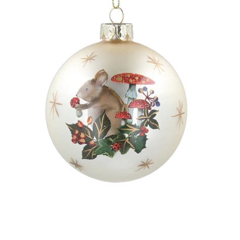 Gisela Graham Matt Cream Glass Bauble With Mouse And Toadstool