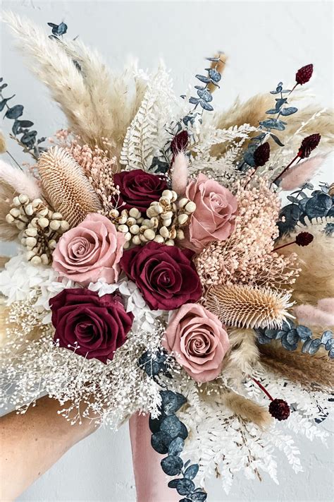 Dusty Rose Blush Berry Pampas Grass Bridal Bouquet Etsy Dried