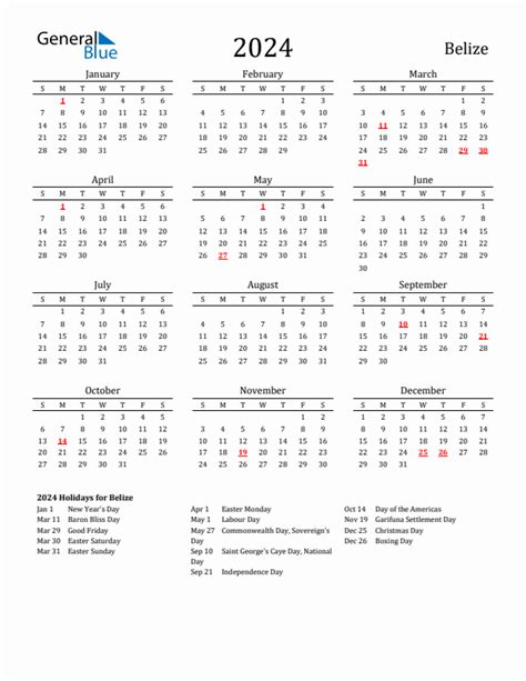 2024 Belize Calendar With Holidays
