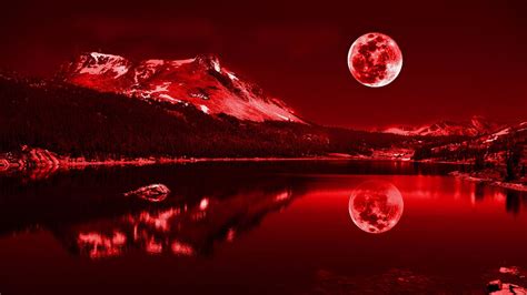 Landscape View Of Mountains Red Moon Sky Background Reflection On Water