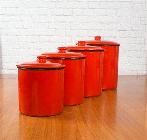 Mid Century Red Enamelware Canister Set Etsy Kitchen Canister Sets