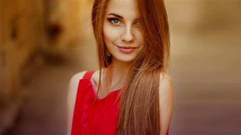 X X Women Model Long Hair Smiling Brunette Red Dress Women Outdoors Blue Eyes